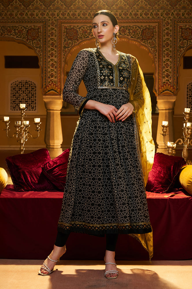 Black Printed Chiffon Kurta with Embroidery, Churidar and Dupatta Set