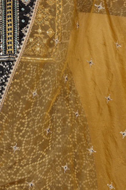 Black Printed Chiffon Kurta with Embroidery, Churidar and Dupatta Set