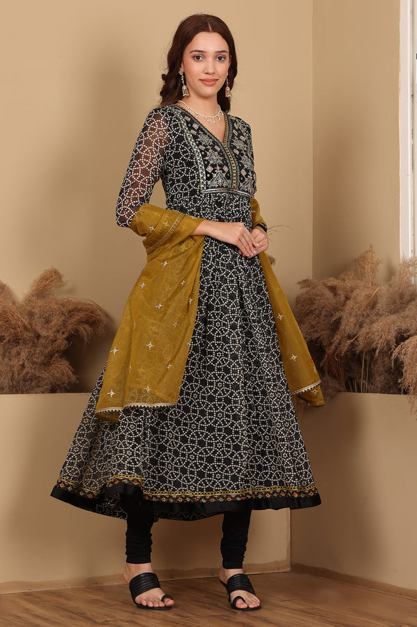 Black Printed Chiffon Kurta with Embroidery, Churidar and Dupatta Set
