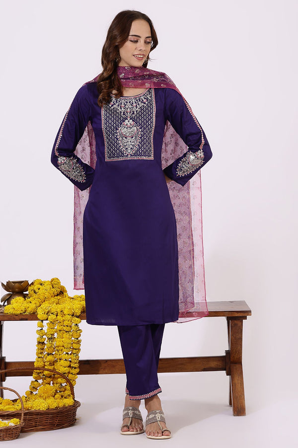 Purple Embroidered Straight Kurta with Pants and Dupatta Set