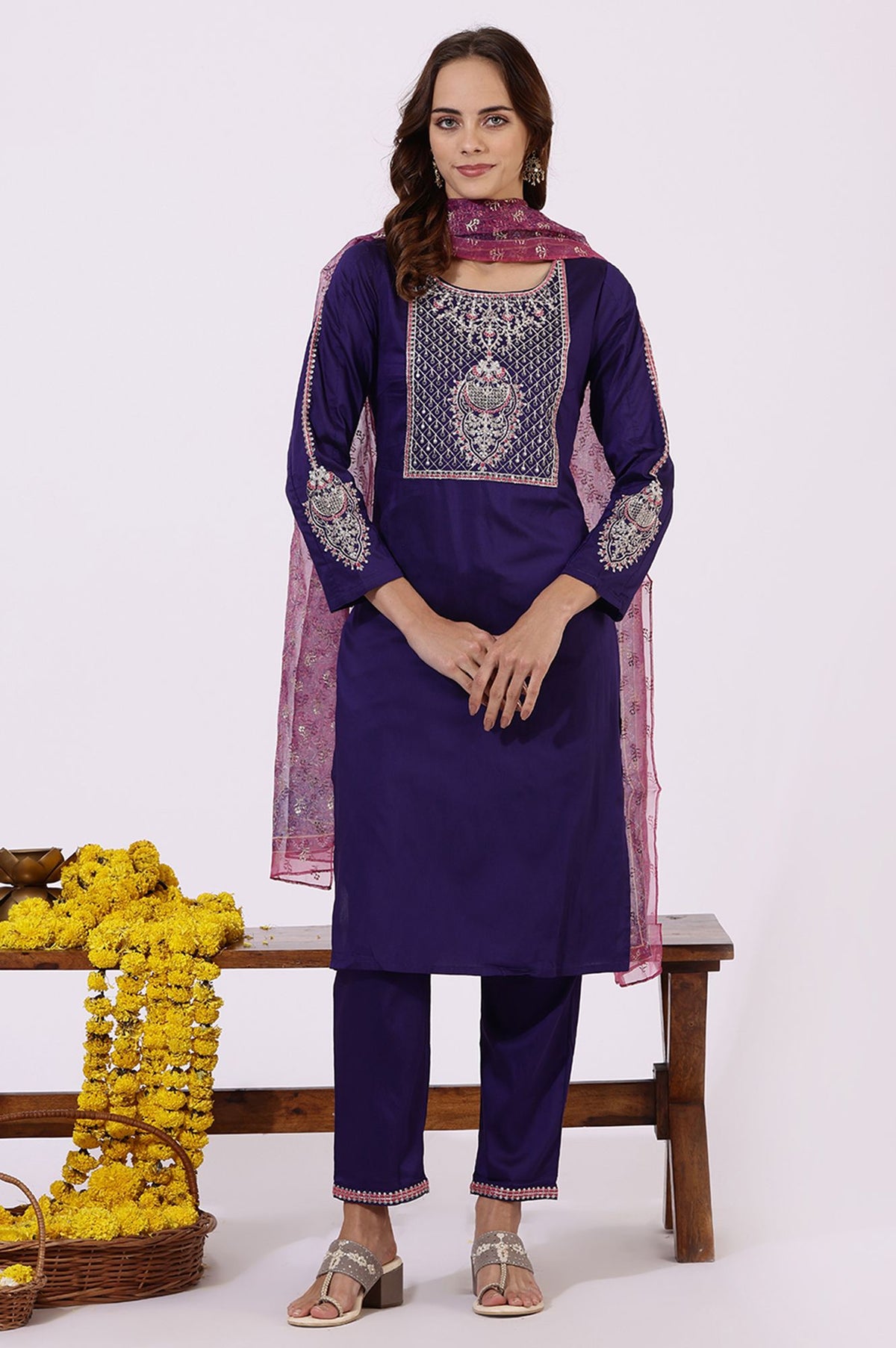 Purple Embroidered Straight Kurta with Pants and Dupatta Set