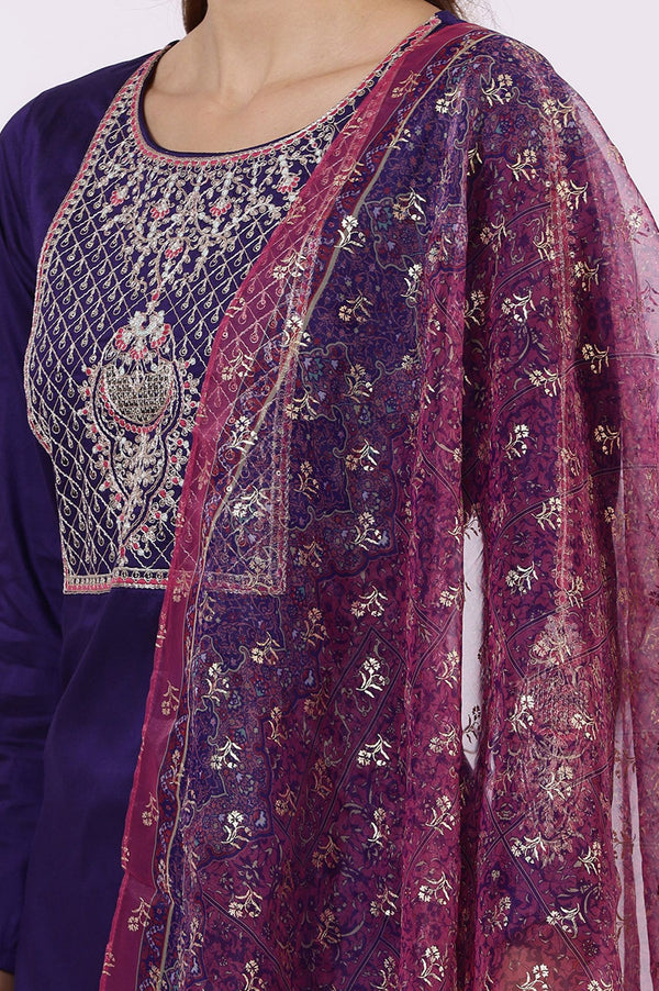 Purple Embroidered Straight Kurta with Pants and Dupatta Set