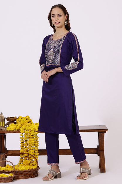 Purple Embroidered Straight Kurta with Pants and Dupatta Set