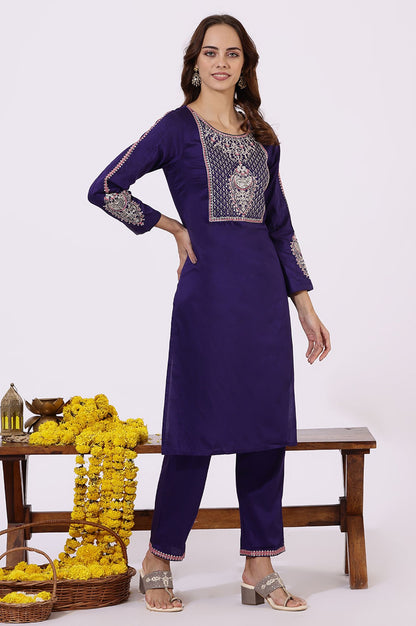 Purple Embroidered Straight Kurta with Pants and Dupatta Set