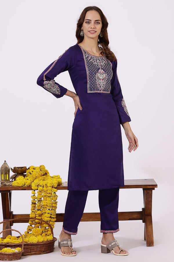 Purple Embroidered Straight Kurta with Pants and Dupatta Set
