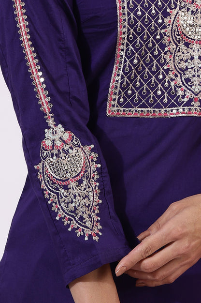 Purple Embroidered Straight Kurta with Pants and Dupatta Set