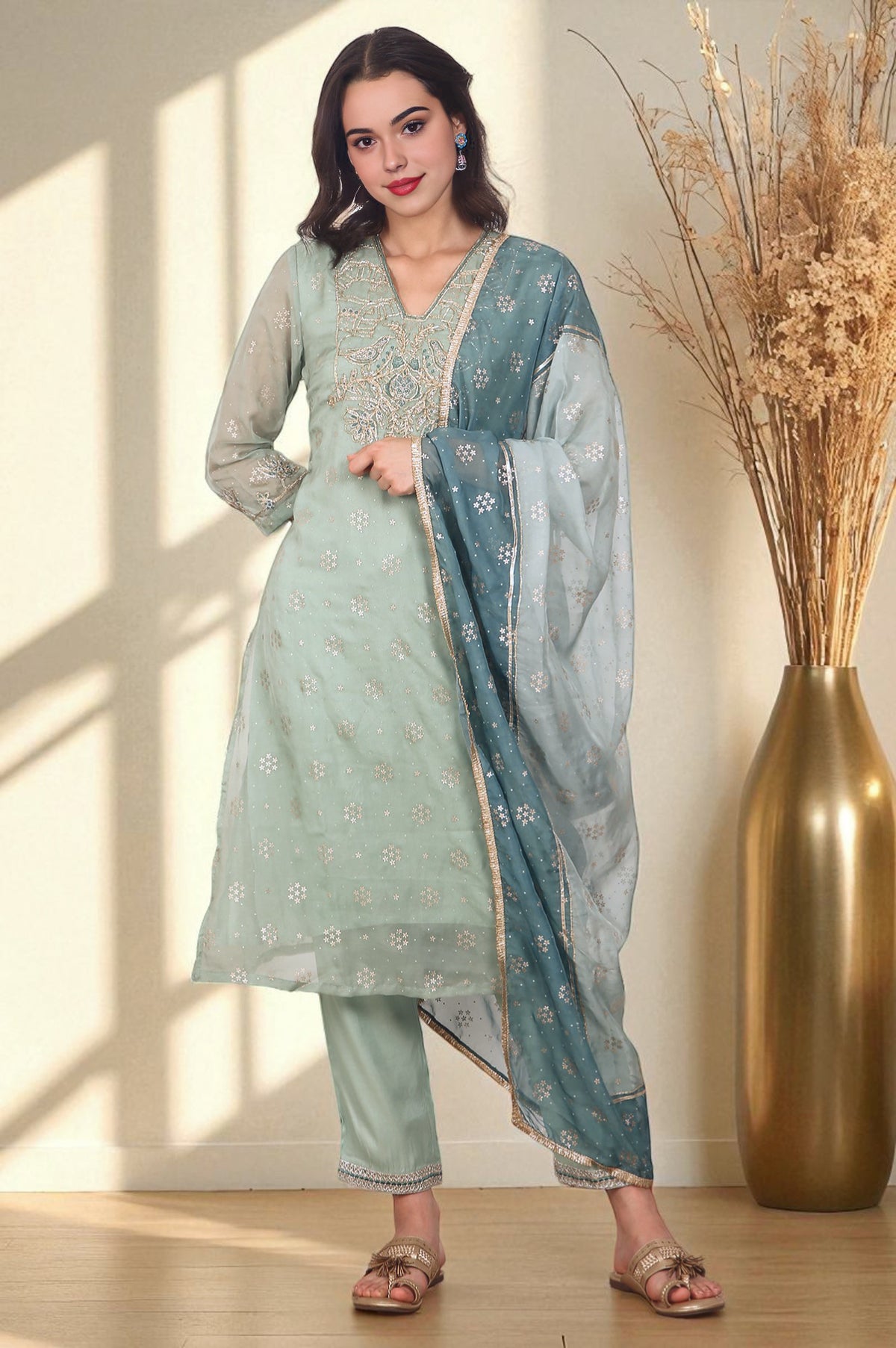 Green Metallic Embroidered Straight Organza Festive Kurta, Pant and Dupatta Set - XS
