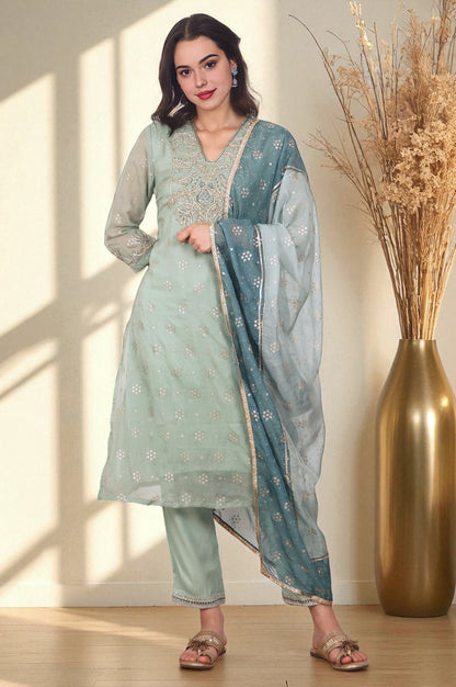 Green Metallic Embroidered Straight Organza Festive Kurta, Pant and Dupatta Set