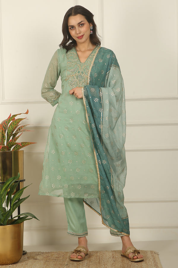 Green Metallic Embroidered Straight Organza Festive Kurta, Pant and Dupatta Set