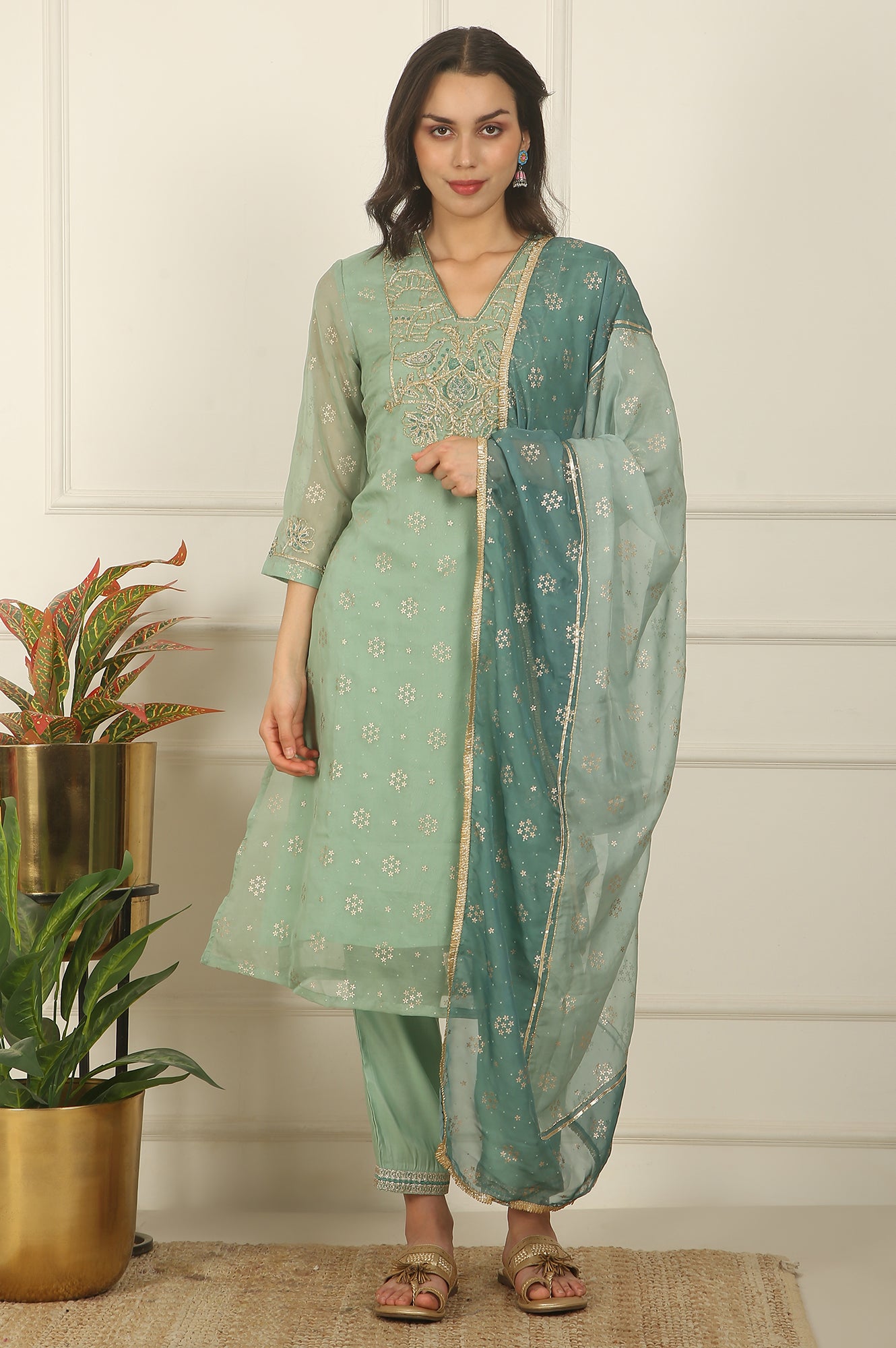 Green Metallic Embroidered Straight Organza Festive Kurta, Pant and Dupatta Set