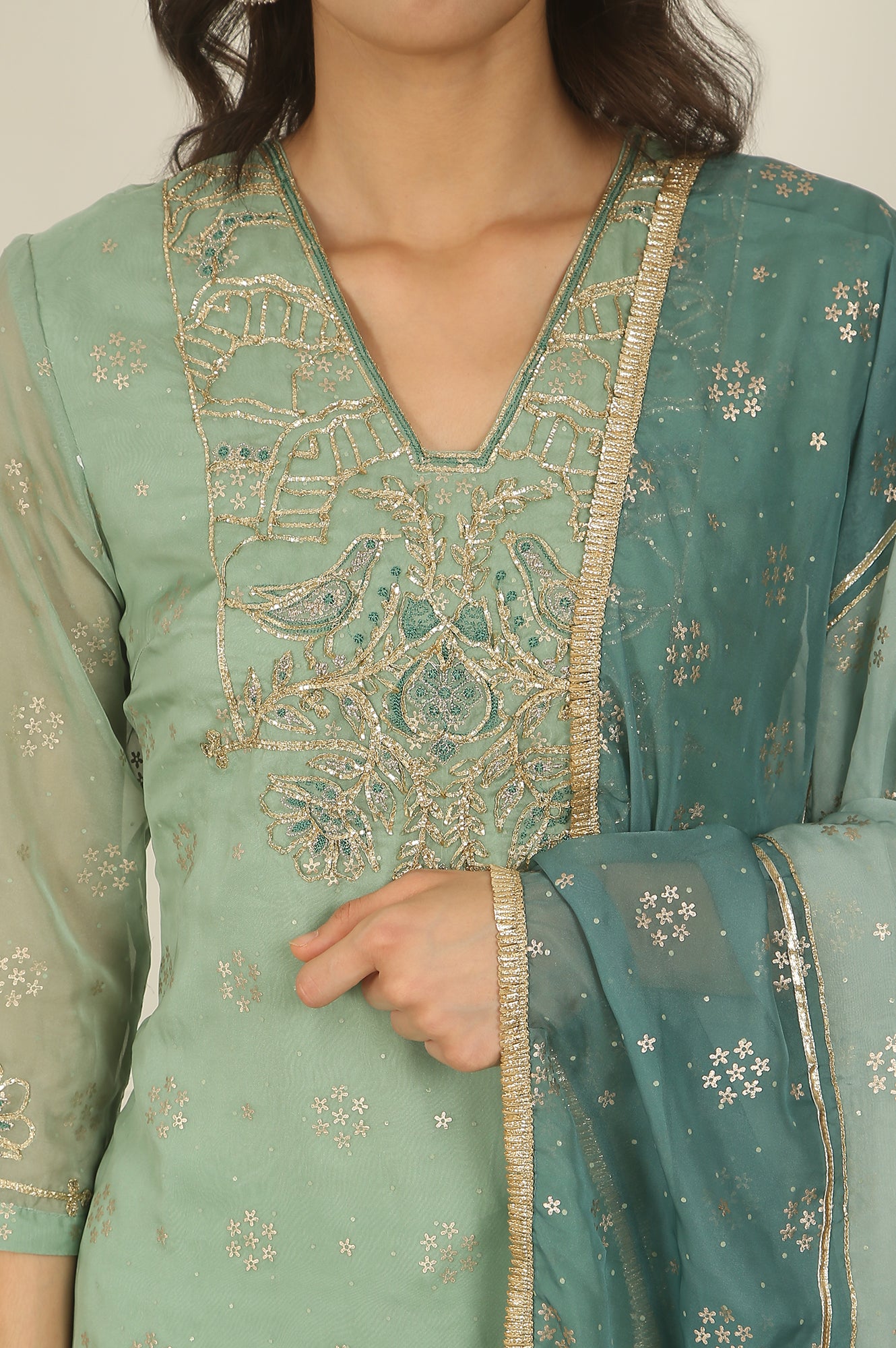 Green Metallic Embroidered Straight Organza Festive Kurta, Pant and Dupatta Set