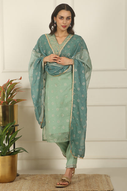 Green Metallic Embroidered Straight Organza Festive Kurta, Pant and Dupatta Set