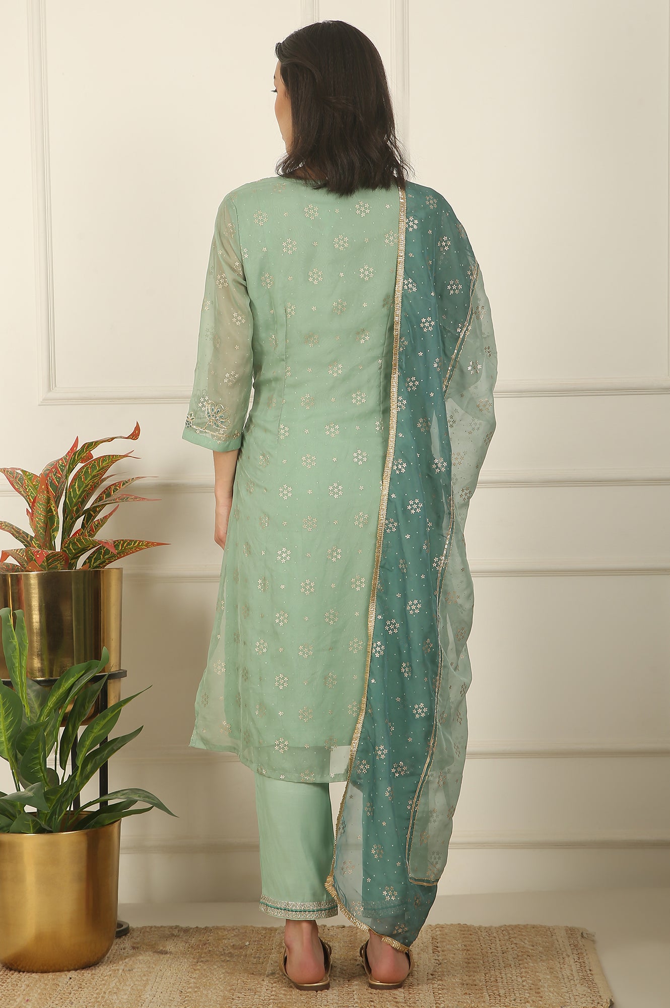 Green Metallic Embroidered Straight Organza Festive Kurta, Pant and Dupatta Set
