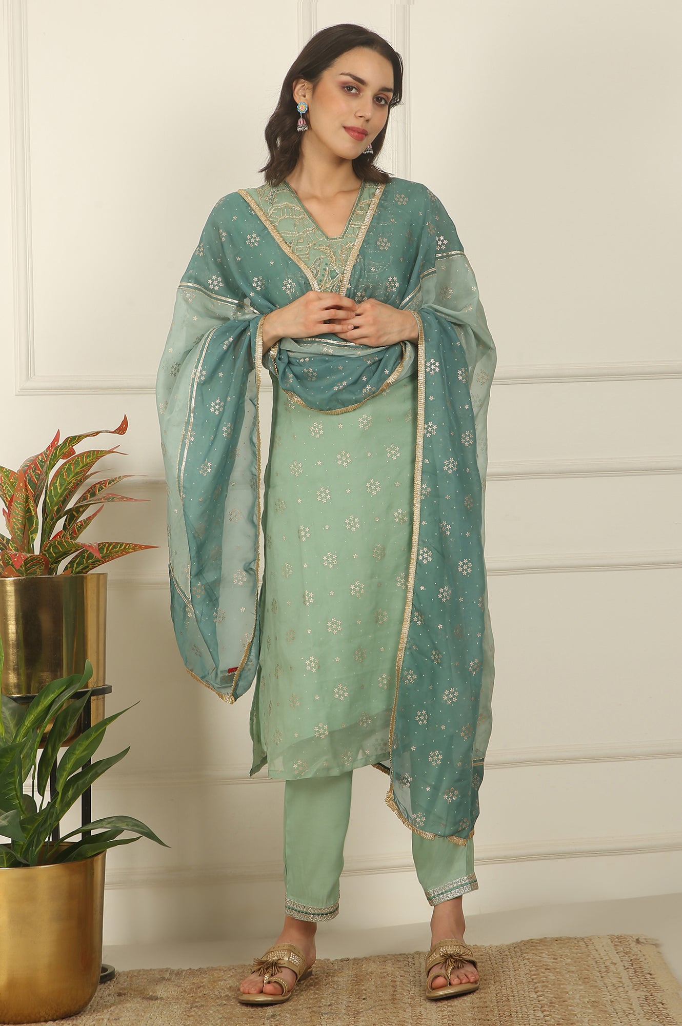 Green Metallic Embroidered Straight Organza Festive Kurta, Pant and Dupatta Set