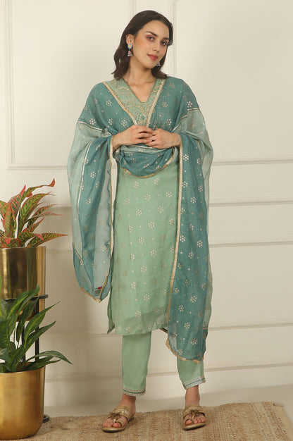 Green Metallic Embroidered Straight Organza Festive Kurta, Pant and Dupatta Set