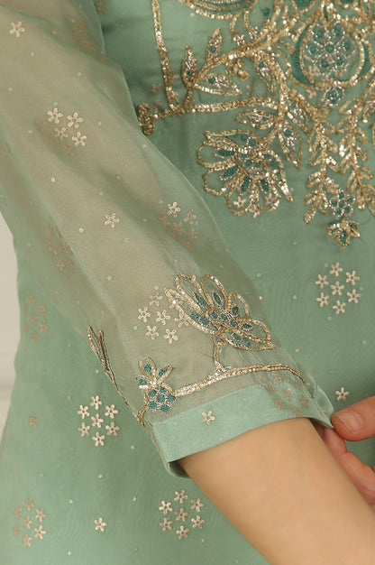 Green Metallic Embroidered Straight Organza Festive Kurta, Pant and Dupatta Set