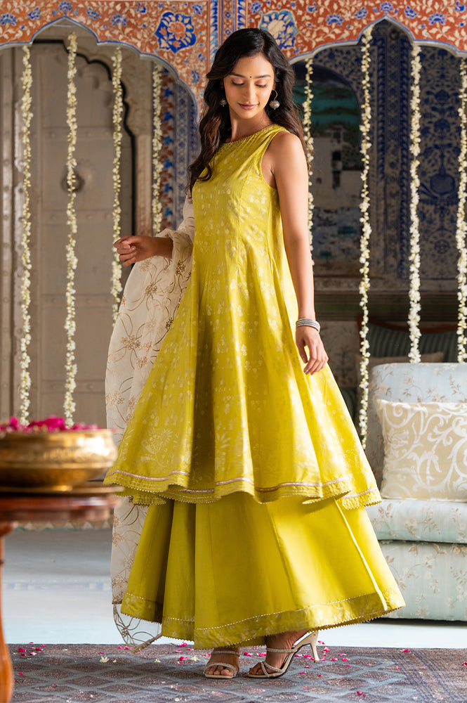 Green Glitter Printed Embellished Sleeveless Flared Kurta, Culottes And Embroidered Dupatta Set