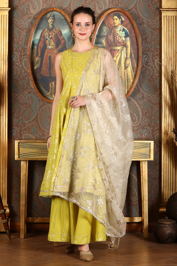Green Glitter Printed Embellished Sleeveless Flared Kurta, Culottes And Embroidered Dupatta Set