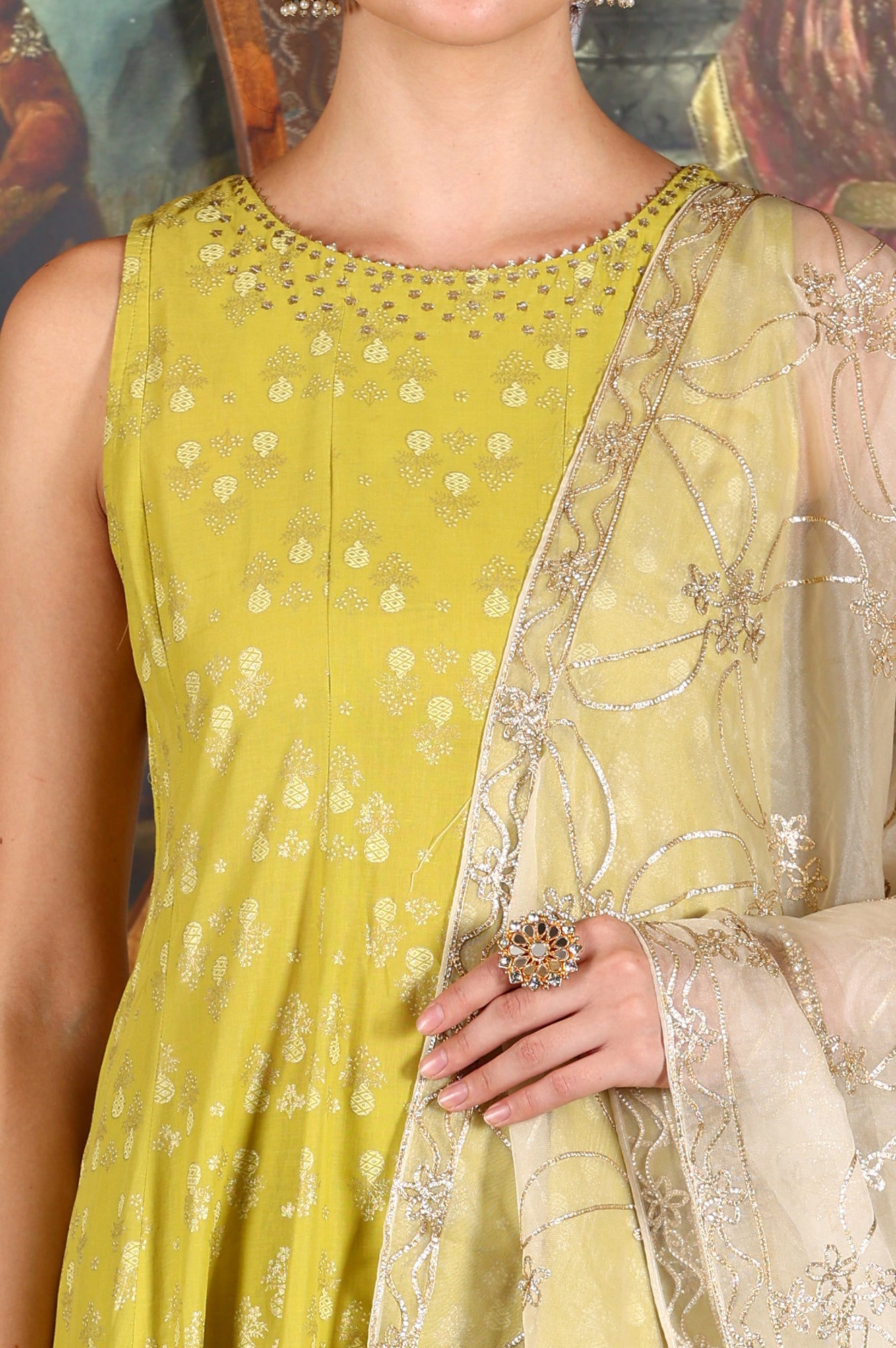 Green Glitter Printed Embellished Sleeveless Flared Kurta, Culottes And Embroidered Dupatta Set