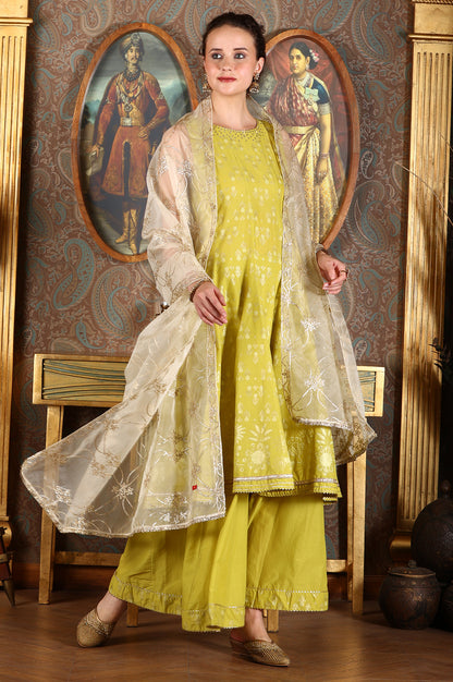 Green Glitter Printed Embellished Sleeveless Flared Kurta, Culottes And Embroidered Dupatta Set