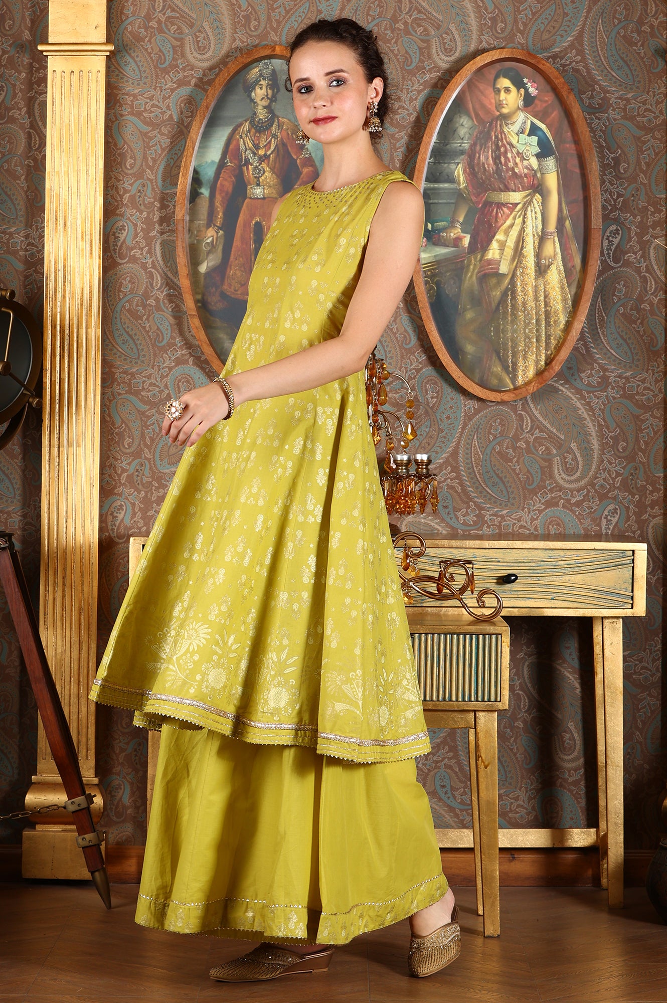Green Glitter Printed Embellished Sleeveless Flared Kurta, Culottes And Embroidered Dupatta Set
