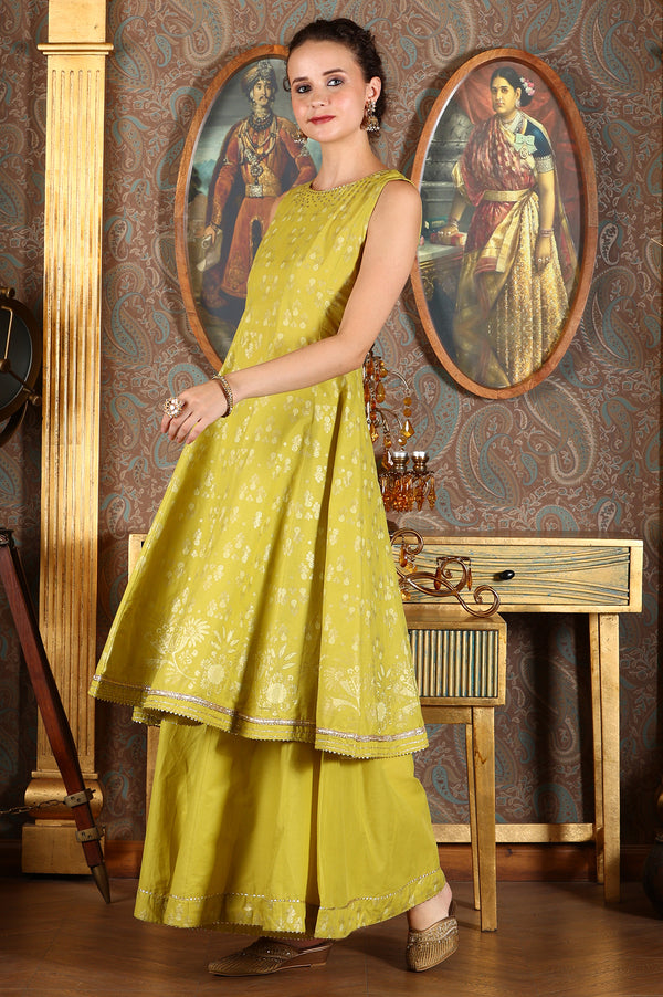 Green Glitter Printed Embellished Sleeveless Flared Kurta, Culottes And Embroidered Dupatta Set