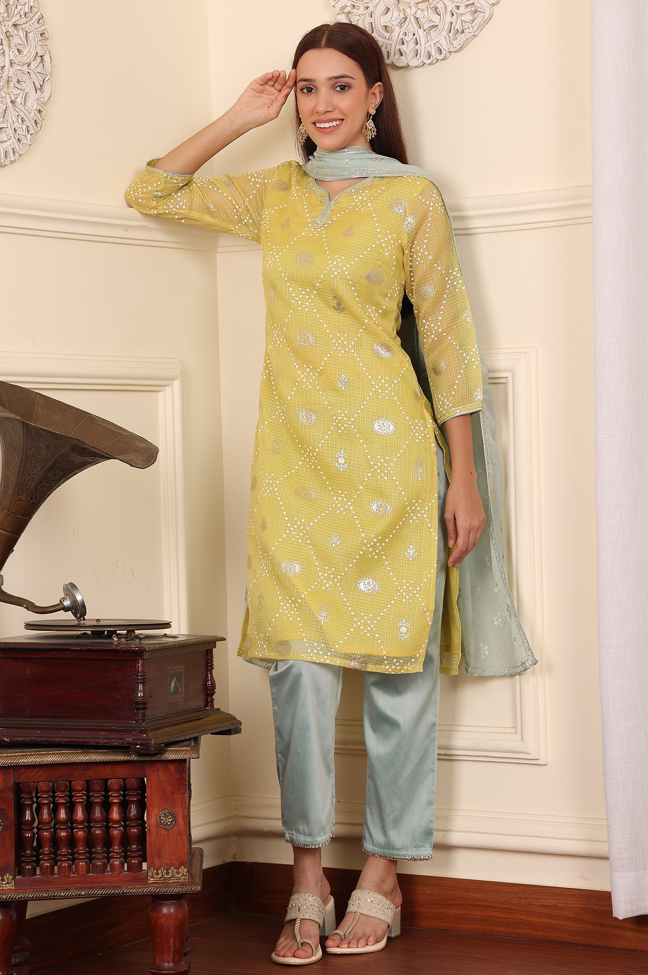 Yellow Digital Printed Embellished Kota Kurta, Blue Pants And Dupatta Set - wforwoman