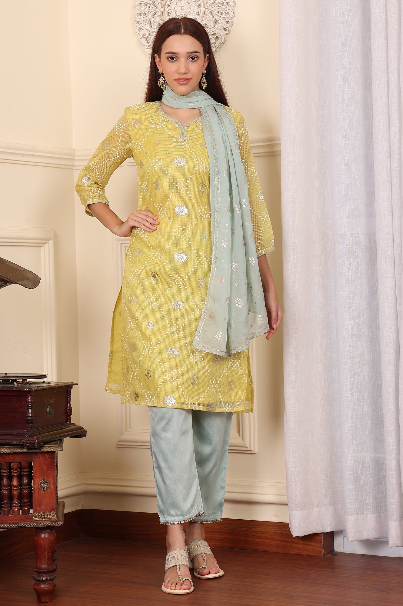 Yellow Digital Printed Embellished Kota Kurta, Blue Pants And Dupatta Set - wforwoman