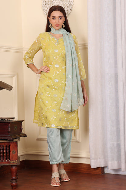 Yellow Digital Printed Embellished Kota Kurta, Blue Pants And Dupatta Set - wforwoman
