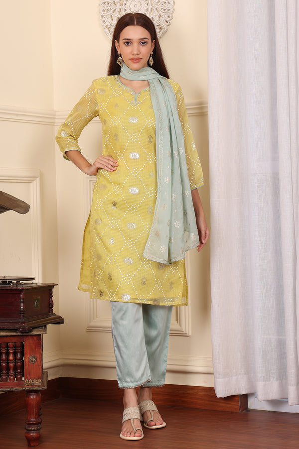 Yellow Digital Printed Embellished Kota Kurta, Blue Pants And Dupatta Set