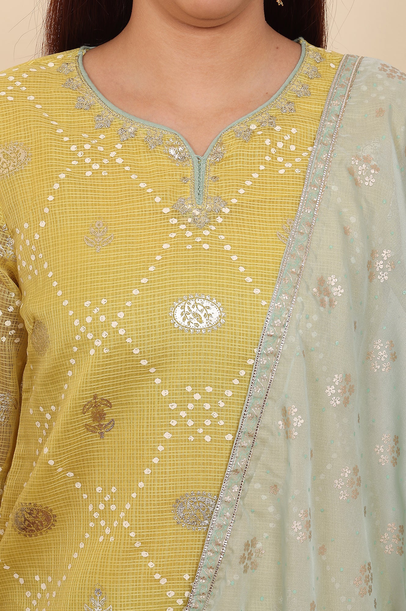 Yellow Digital Printed Embellished Kota Kurta, Blue Pants And Dupatta Set - wforwoman