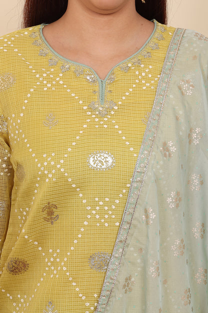 Yellow Digital Printed Embellished Kota Kurta, Blue Pants And Dupatta Set - wforwoman