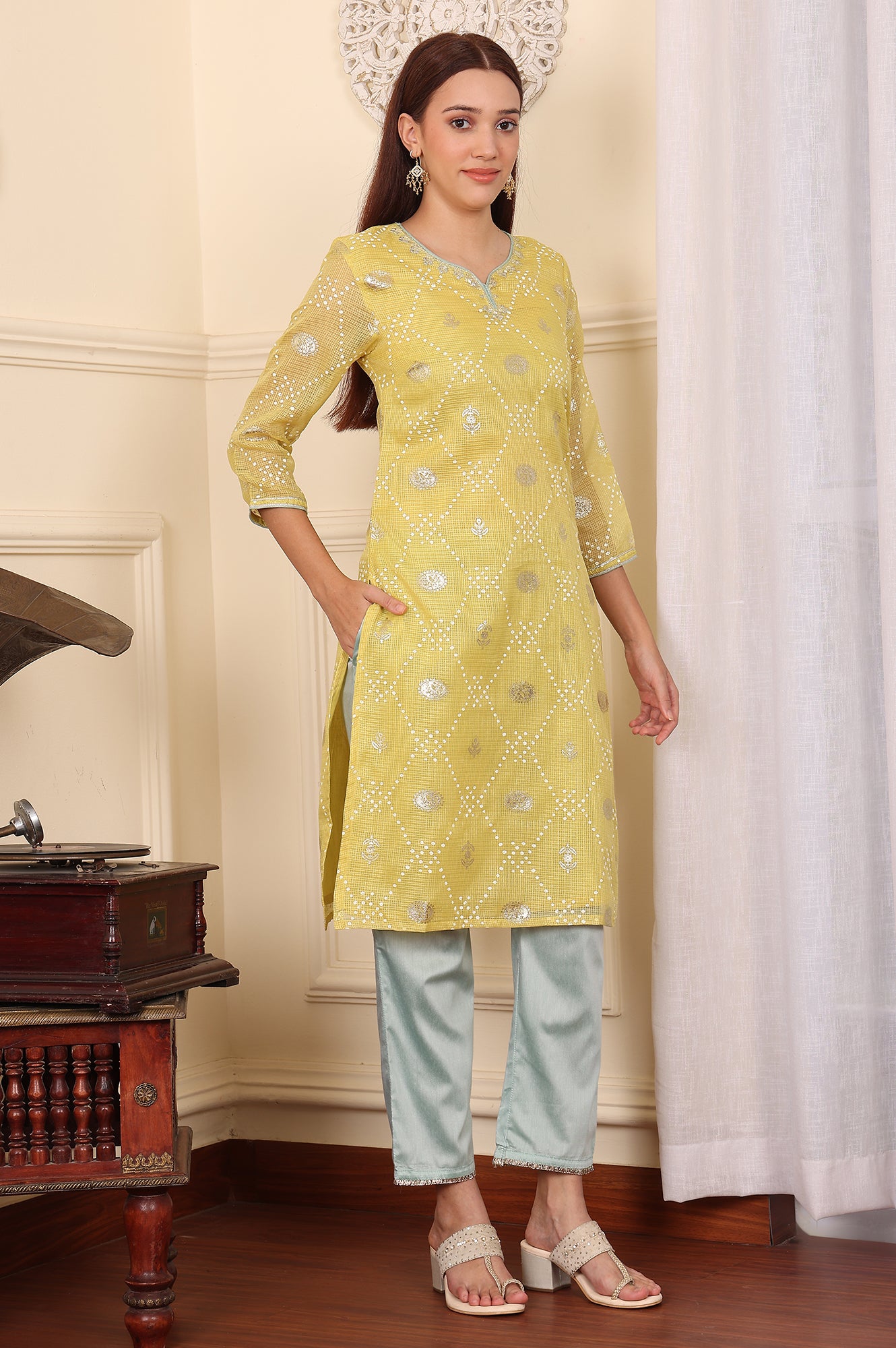 Yellow Digital Printed Embellished Kota Kurta, Blue Pants And Dupatta Set - wforwoman