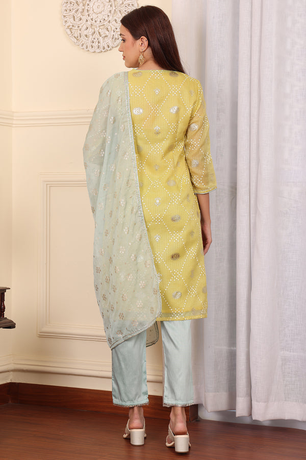 Yellow Digital Printed Embellished Kota Kurta, Blue Pants And Dupatta Set