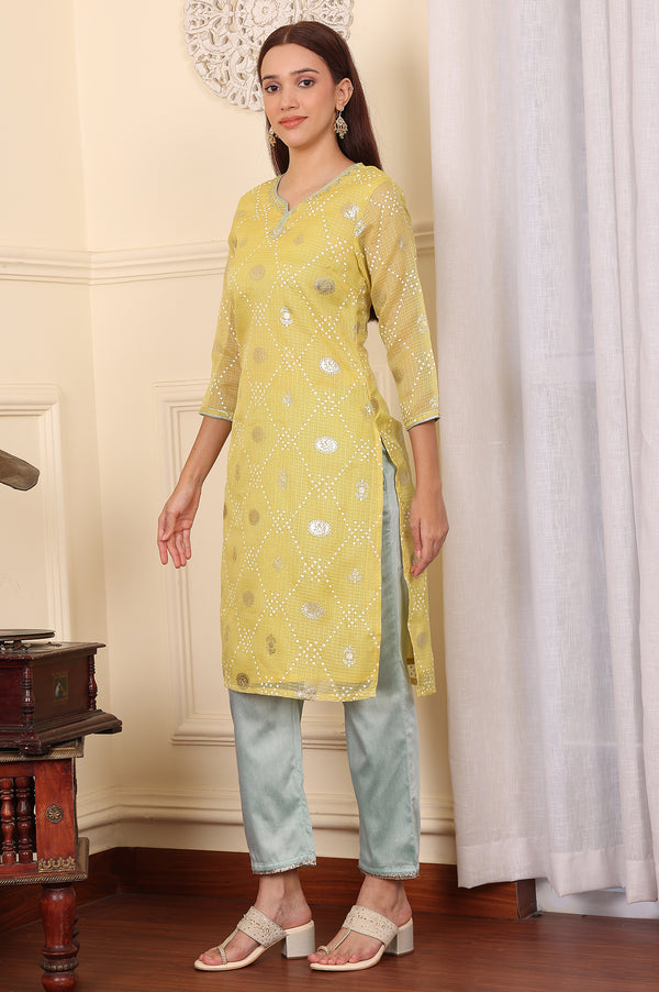 Yellow Digital Printed Embellished Kota Kurta, Blue Pants And Dupatta Set