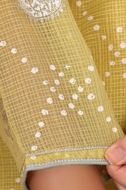 Yellow Digital Printed Embellished Kota Kurta, Blue Pants And Dupatta Set - wforwoman