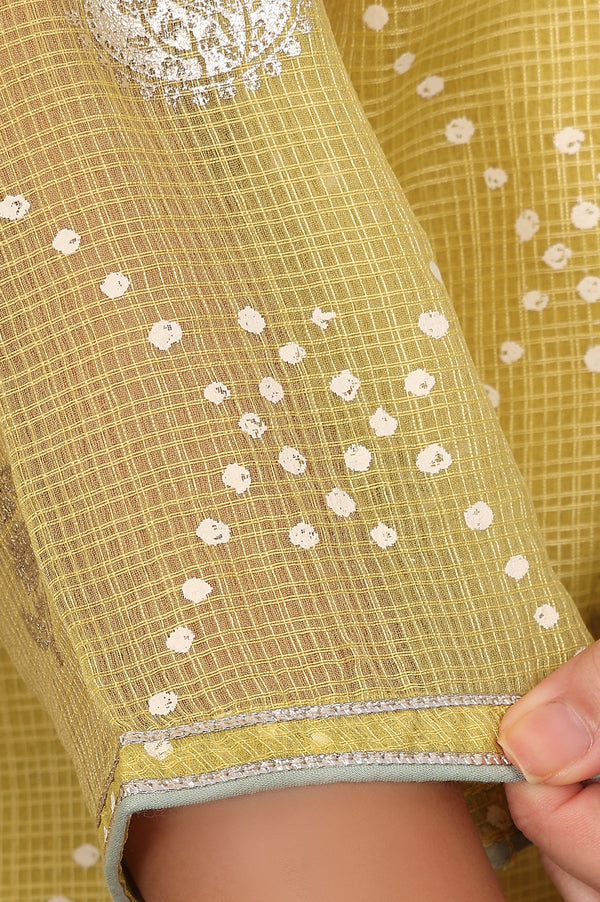 Yellow Digital Printed Embellished Kota Kurta, Blue Pants And Dupatta Set