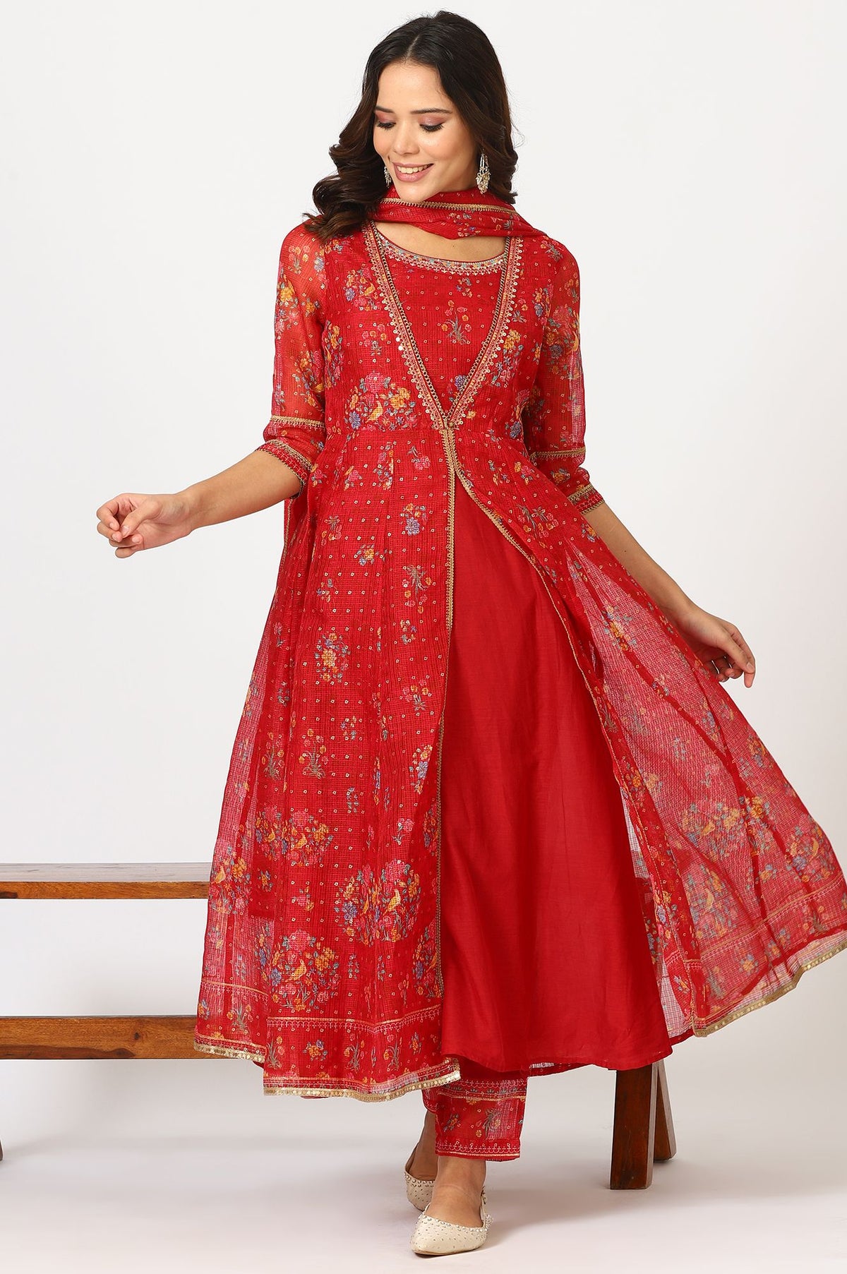 Red Floral Printed Sequins Kota Doria Flared Kurta with Slim Pants and Dupatta Set