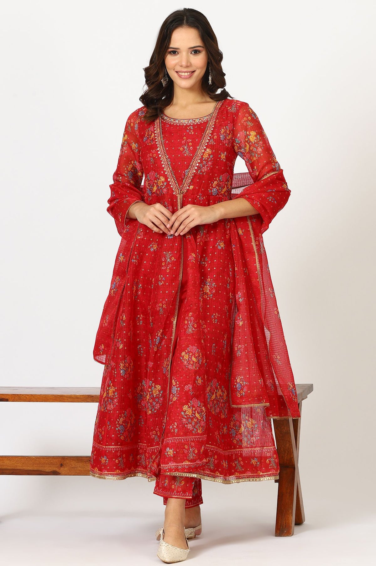 Red Floral Printed Sequins Kota Doria Flared Kurta with Slim Pants and Dupatta Set