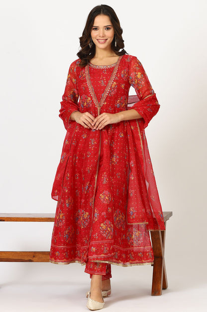 Red Floral Printed Sequins Kota Doria Flared Kurta with Slim Pants and Dupatta Set