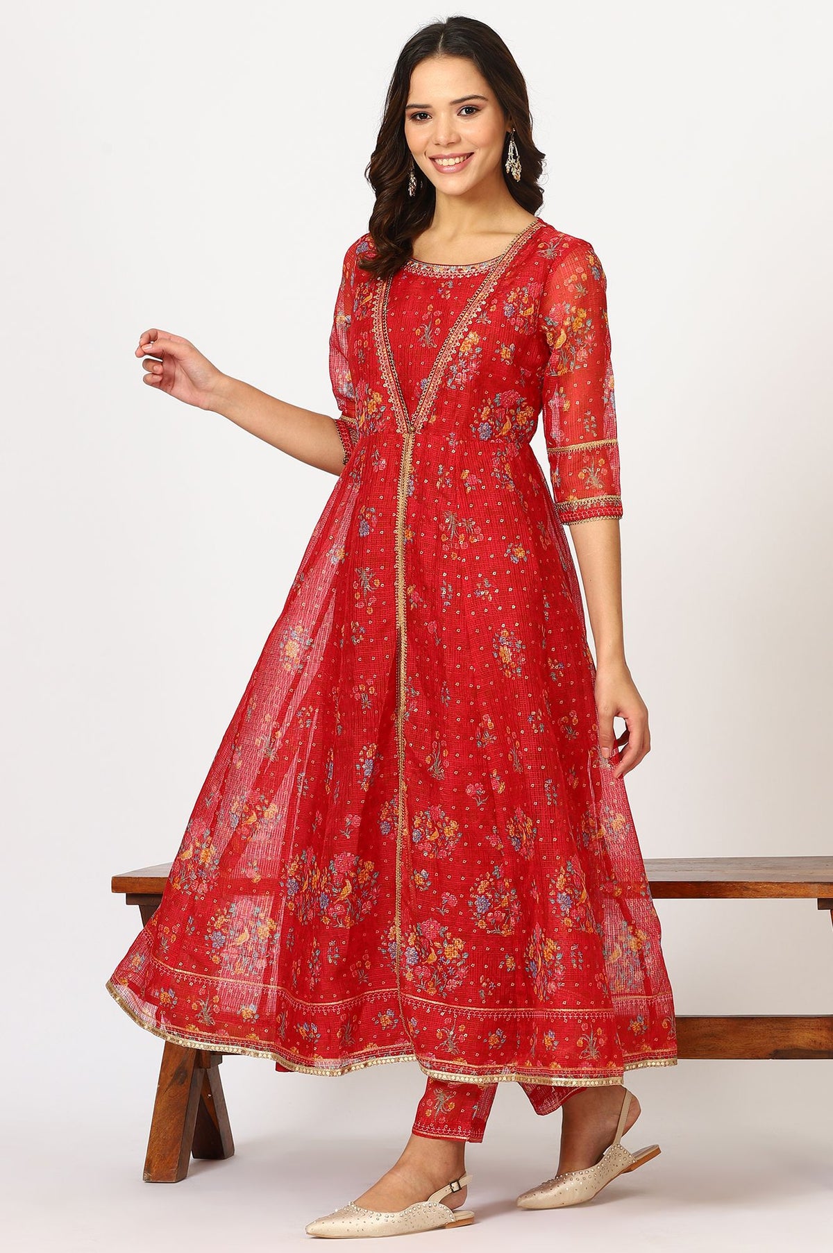 Red Floral Printed Sequins Kota Doria Flared Kurta with Slim Pants and Dupatta Set
