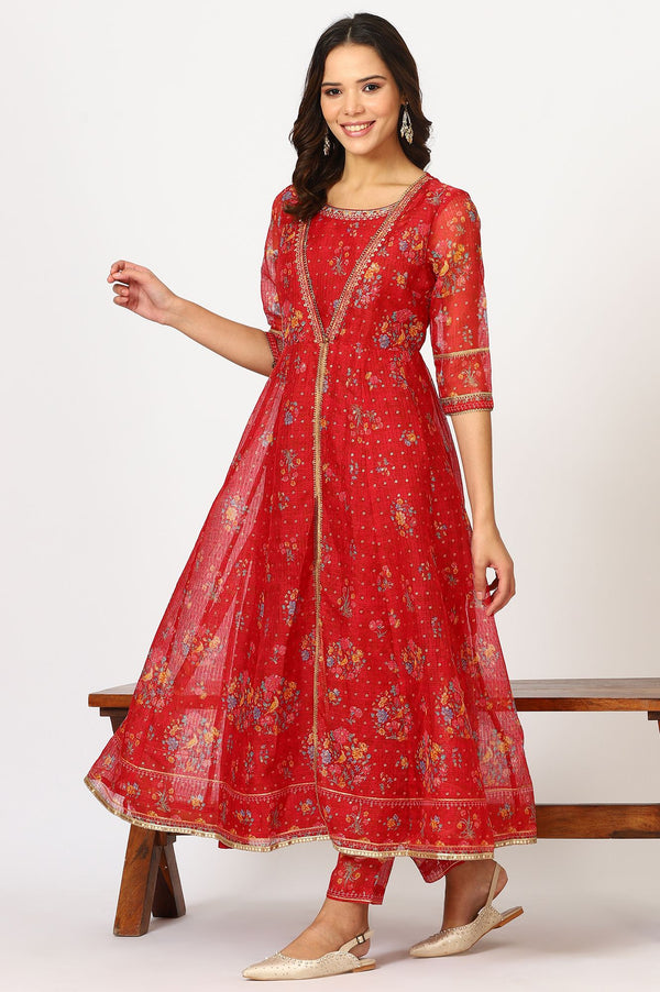 Red Floral Printed Sequins Kota Doria Flared Kurta with Slim Pants and Dupatta Set