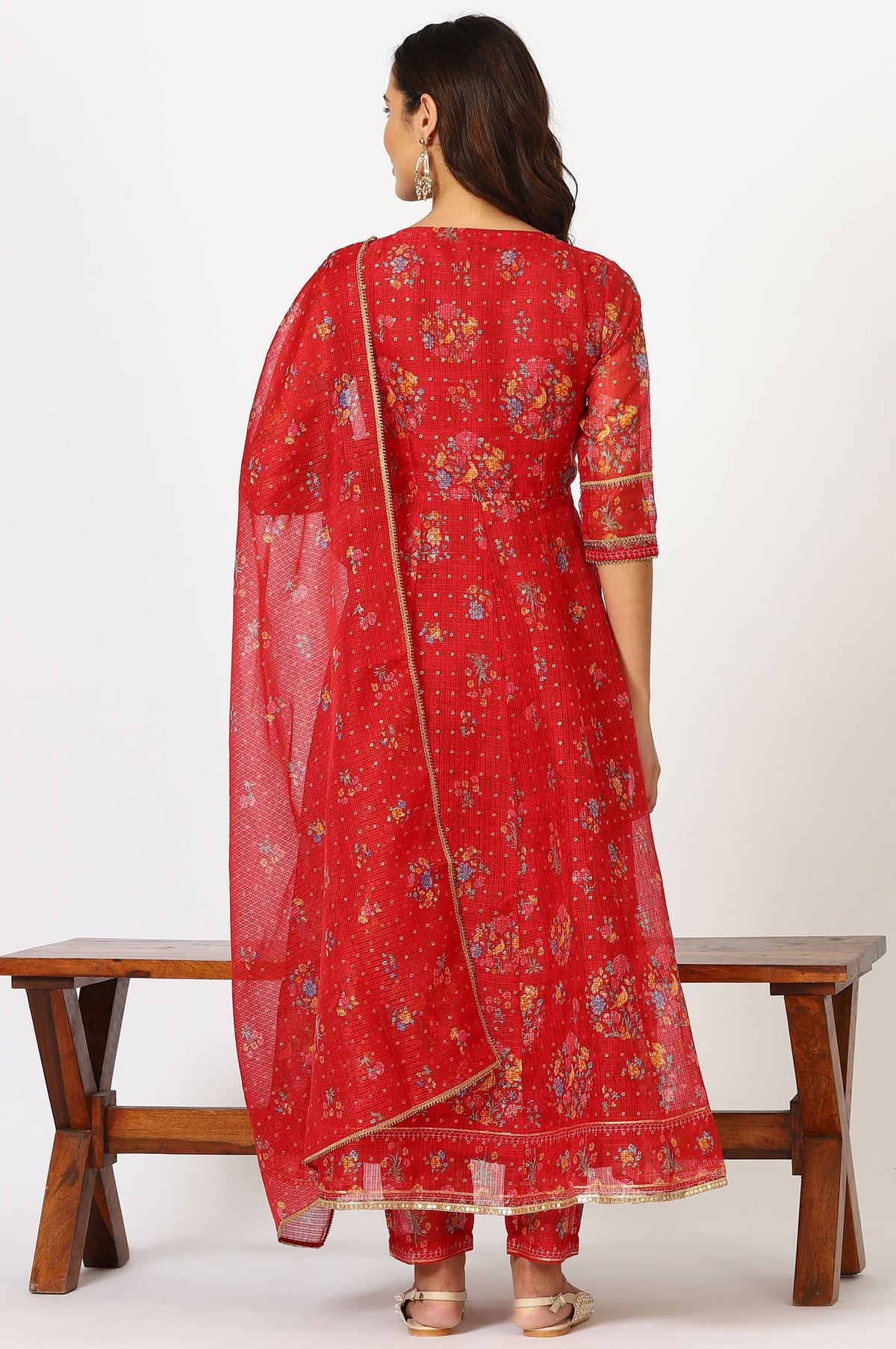 Red Floral Printed Sequins Kota Doria Flared Kurta with Slim Pants and Dupatta Set
