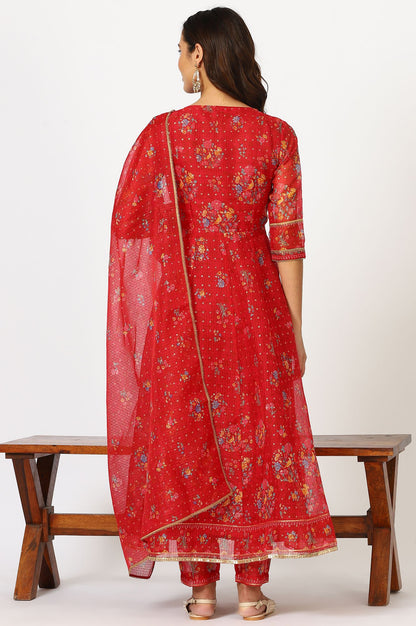 Red Floral Printed Sequins Kota Doria Flared Kurta with Slim Pants and Dupatta Set