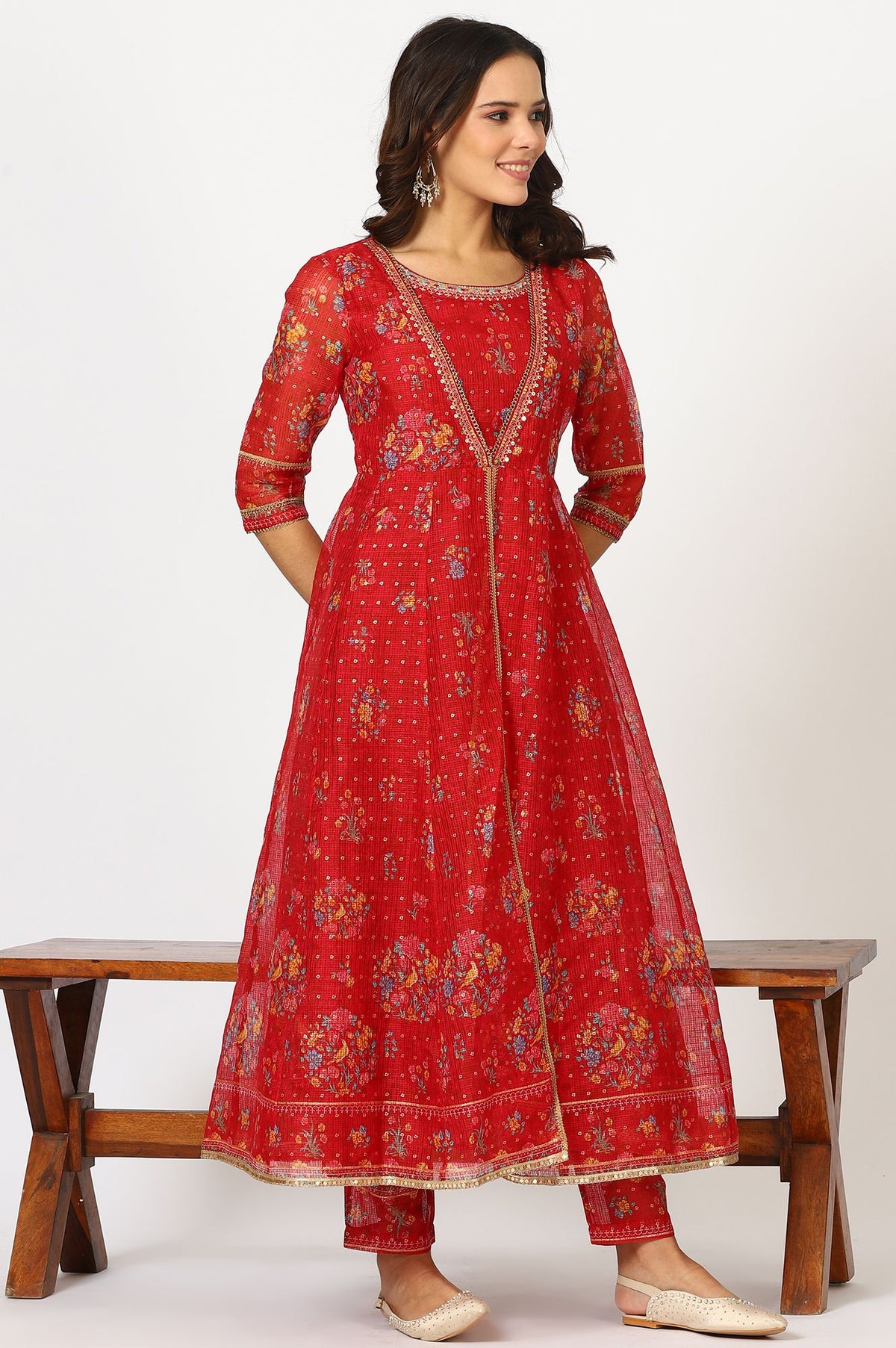 Red Floral Printed Sequins Kota Doria Flared Kurta with Slim Pants and Dupatta Set