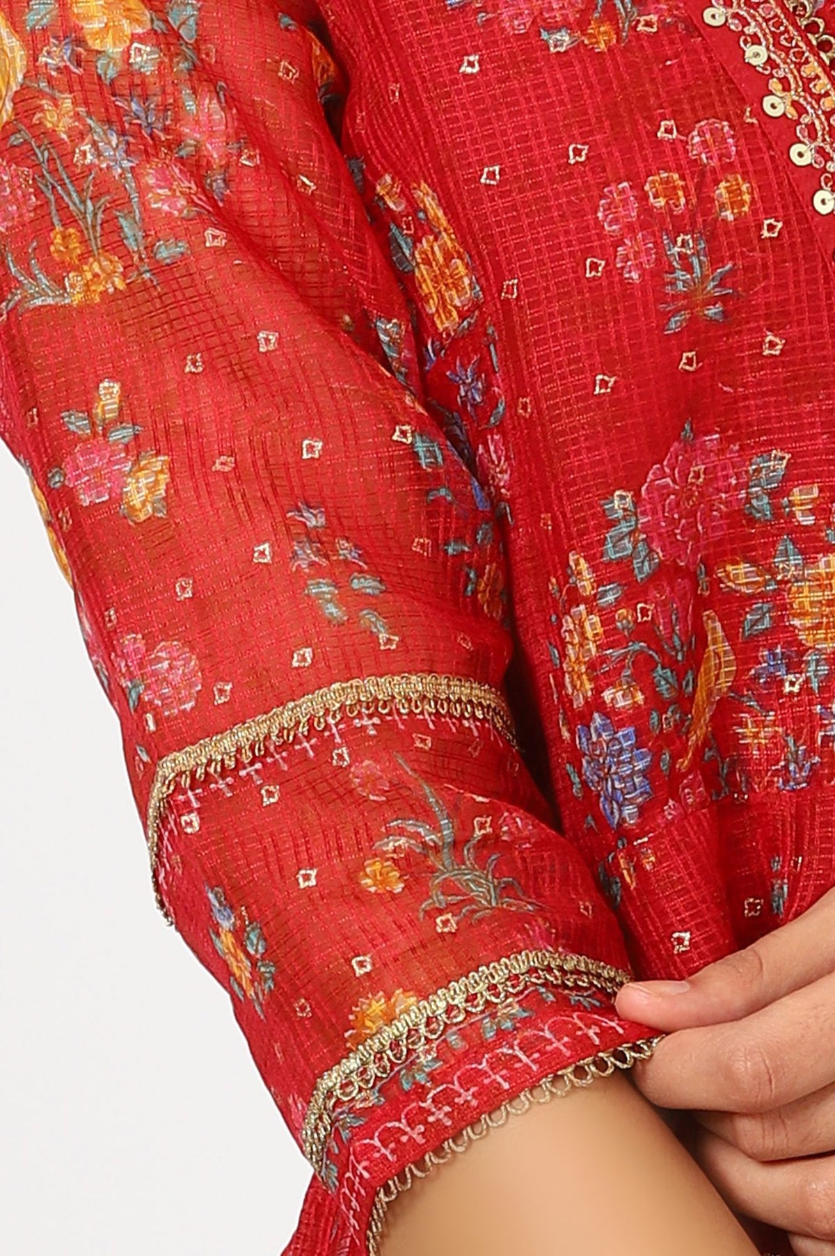 Red Floral Printed Sequins Kota Doria Flared Kurta with Slim Pants and Dupatta Set