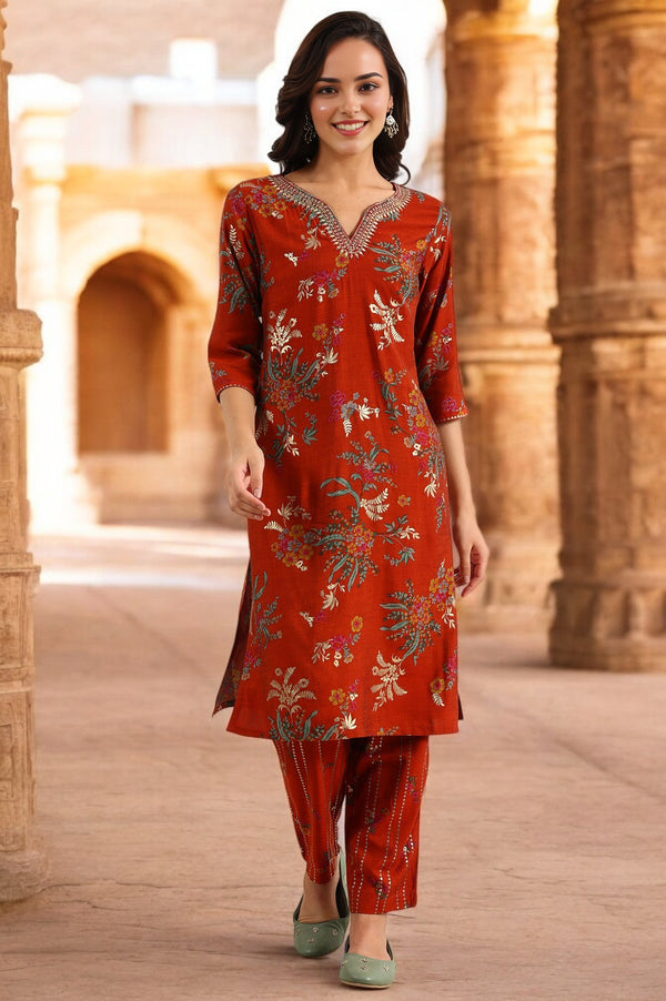 Equestrian Red Foil Floral Printed Vicuna Crepe Straight Kurta And Pants Set