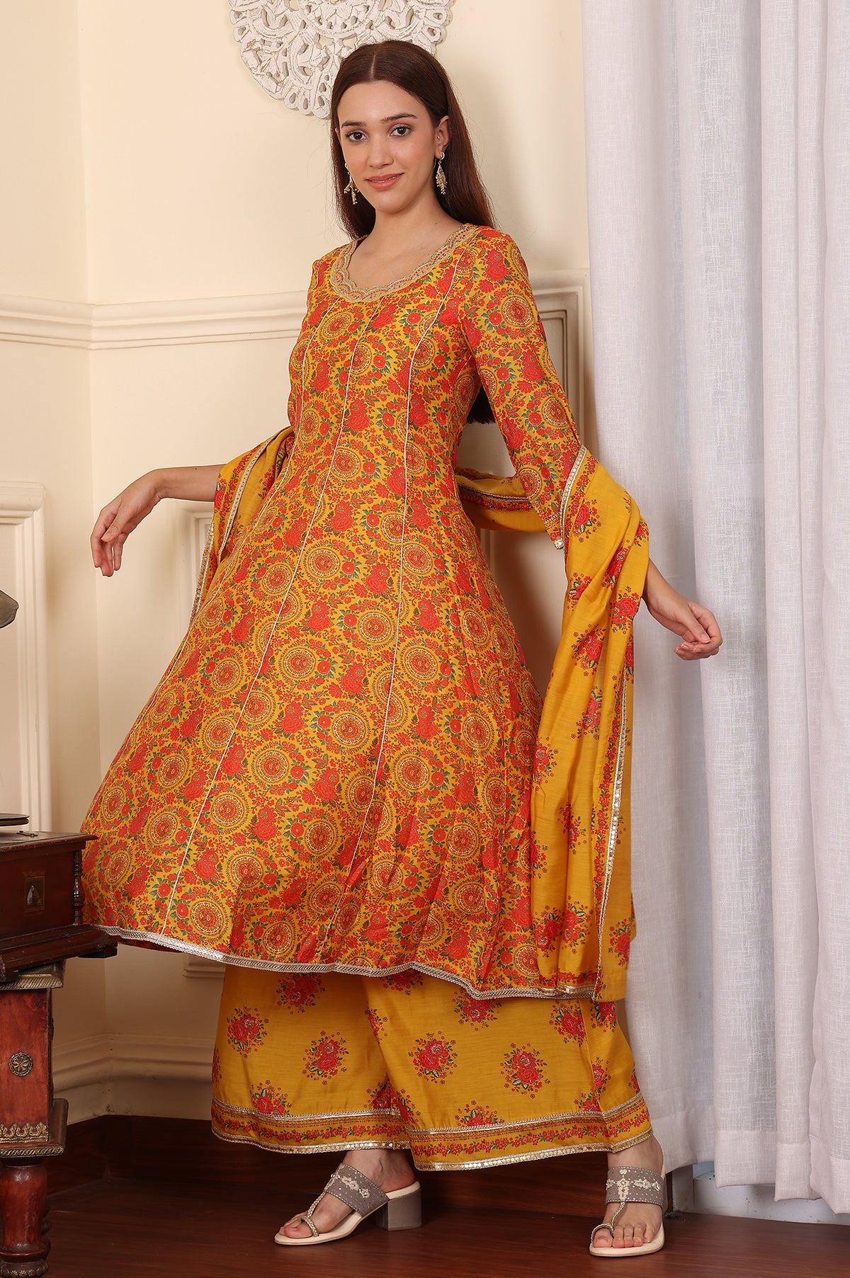 Mustard Yellow Floral Printed Chanderi Anarkali Kurta With Embroidery, Flared Pants And Dupatta Set - XS