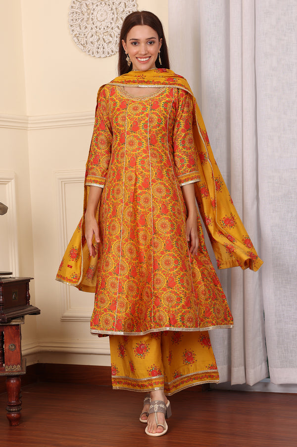 Mustard Yellow Floral Printed Chanderi Anarkali Kurta With Embroidery, Flared Pants And Dupatta Set