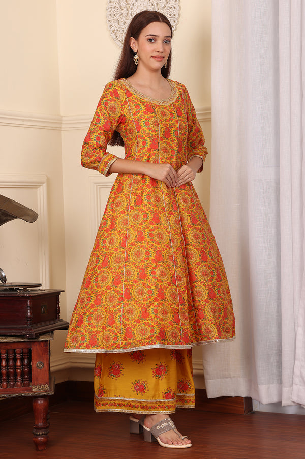 Mustard Yellow Floral Printed Chanderi Anarkali Kurta With Embroidery, Flared Pants And Dupatta Set
